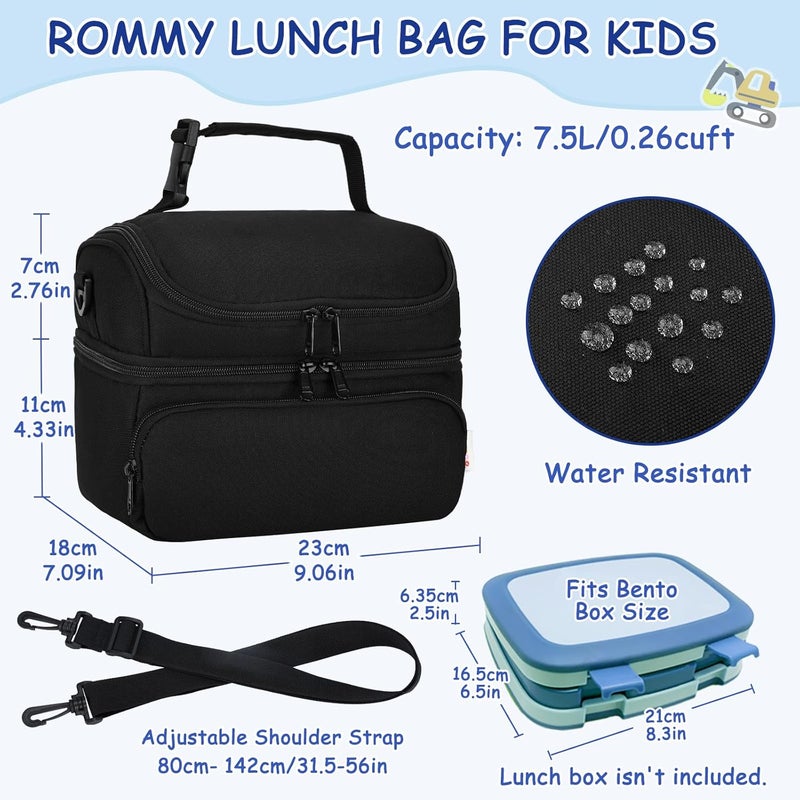 Kasqo Lunch Bag Kids, Dual Compartment Insulated Cooler Bag 7.5L Girls Boys Toddler Lunch Box Containers for Daycare School Kindergarten Travel Black - Image 2